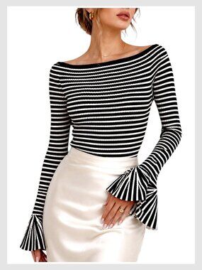 COMMENSE Off Shoulder Striped Bell Sleeve Knit Top XL